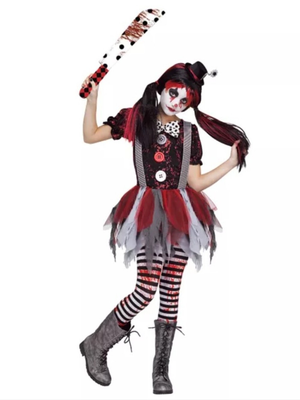 Killer Clown. Spooky Ragged Doll Costume Set. Dress, Footless Tights & Fake Hair